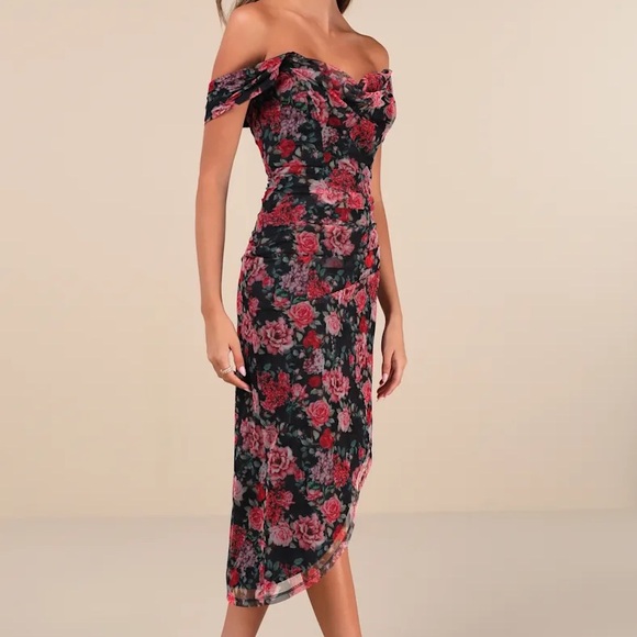 Lulus Dresses & Skirts - Lulus- Idyllic Beauty Black Floral Off-The-Shoulder Midi Dress